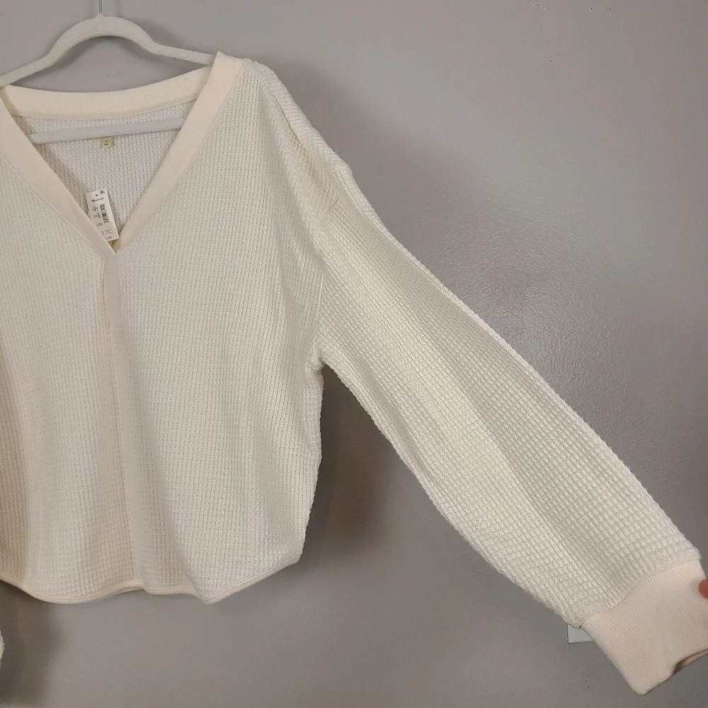 Madewell Classic Brushed Waffle Knit V-neck Long Sleeve Top In Antique Cream XL